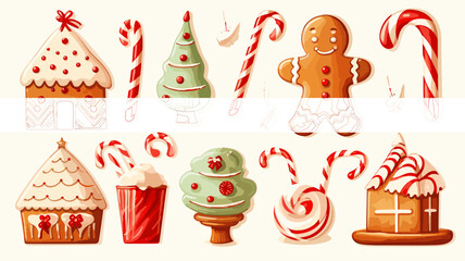 playful collection of Christmas baking clipart illustrations, depicting gingerbread cookies, candy canes isolated on a white background. Christmas food on white background. Gingerbread.