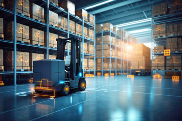 Automated Forklift doing storage in a warehouse managed by machine learning and artificial intelligence automation, robotics applied to industrial logistics - obrazy, fototapety, plakaty