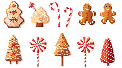 playful collection of Christmas baking clipart illustrations, depicting gingerbread cookies, candy canes isolated on a white background. Christmas food on white background. Gingerbread.