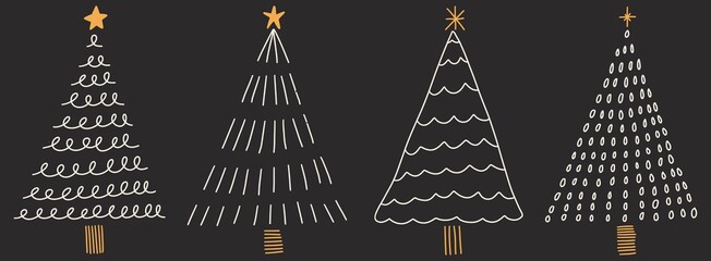 Hand drawn abstract Christmas tree with star on top drawing illustration vector collection set banner repeat pattern white and gold colour black background modern trendy design icon symbol 