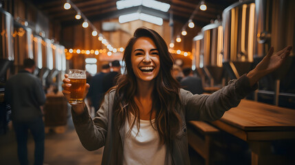 happy woman tasting beer at factory - obrazy, fototapety, plakaty