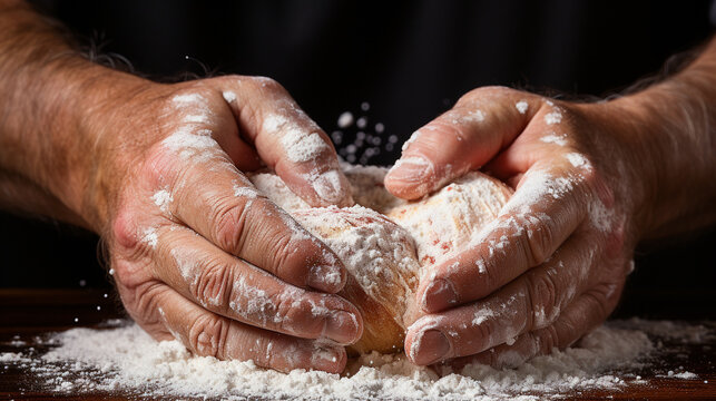 A bakers hands sifting flour through a fine mesh UHD wallpaper Stock Photographic Image