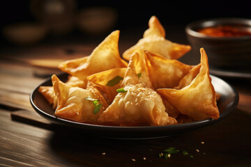  Chinese finger food, fried wontons on the plate close up - obrazy, fototapety, plakaty