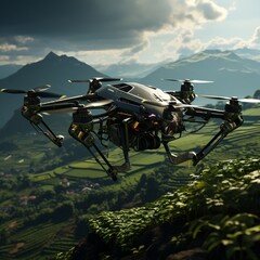 A drone flying over a field with crops
