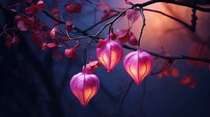  a branch with three pink lanterns hanging from it's branches.  generative ai