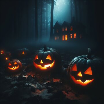 Halloween picture, dark woods, evil pumpkins, Halloween atmosphere, dark hous