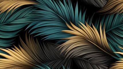 seamless pattern of gold palm leaves in black background