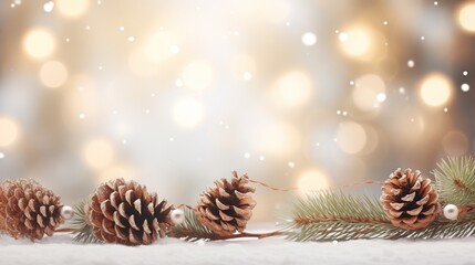 Obraz na płótnie Canvas pine cones and pine needles on a snowy surface with a boke of lights in the background. generative ai