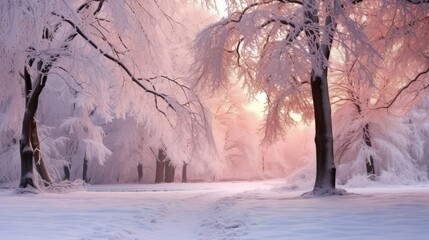 Trees in snow landscape background. Beautiful winter forest. Hello Winter concept.. - obrazy, fototapety, plakaty