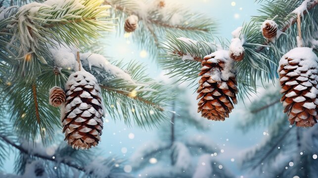  a pine cone hanging from a pine tree covered in snow.  generative ai