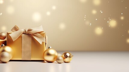  a gold gift box with a bow and ornaments around it.  generative ai