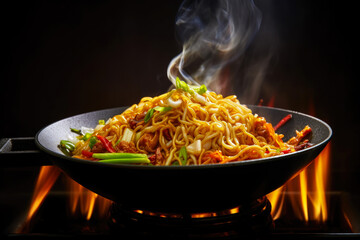 Person cooking Stir-fried noodles with vegetables and spices in the wok. Asian cuisine - obrazy, fototapety, plakaty
