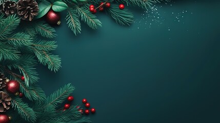 a green christmas background with pine cones and red berries on the branches.  generative ai - obrazy, fototapety, plakaty