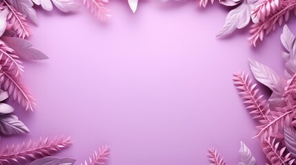 Fototapeta na wymiar a pink background with leaves and flowers on a purple background. generative ai