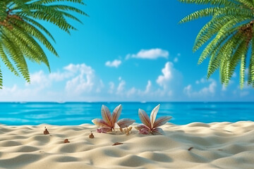 Fototapeta na wymiar Summer Vibes Palm Tree by the Shoreline. Blue Waters and Sandy Beach. Generative AI