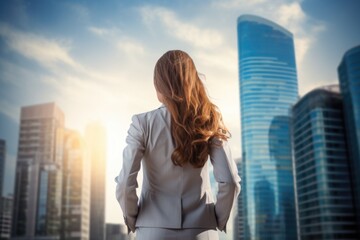 Fototapeta na wymiar business woman in elegant suit on city background