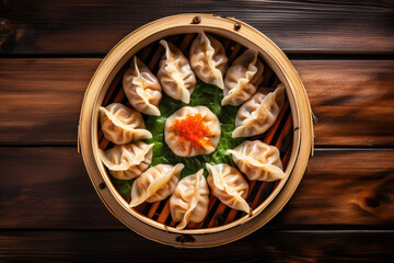 Traditional Chinese steamed dumplings in a bamboo steamer on the wooden background, top view