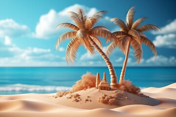 Summer Vibes Palm Tree by the Shoreline. Blue Waters and Sandy Beach. Generative AI