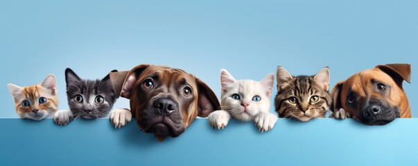 Dogs and Cats, peeking over the clear solid blue top line, petshop banner, happy, smile, funny. Generative AI image weber. - obrazy, fototapety, plakaty