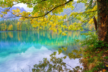 Laghi di Fusine inferior lake, Tarvisio, Italy. Amazing autumn landscape, crystal clear water with reflection and colored forest surrounded by Mangart mountain range, outdoor travel background