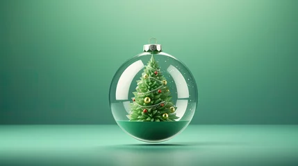 Fotobehang  a christmas tree in a glass ball with a green background.  generative ai © Nadia