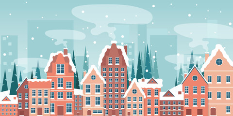 Winter in village holiday template. Winter landscape with cute houses and trees, merry Christmas greeting card template. Vector illustration in flat style	