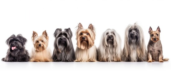 Banner featuring various long haired dog breeds isolated on white background for grooming Includes Pekingese Shih Tzu Poodle Scottish Terrier and Aberdeen Terrier - obrazy, fototapety, plakaty