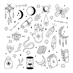 Hand-drawn doodle-style magical set of various esoteric elements illustration for cards, posters, stickers, and professional design