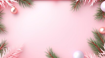  a pink christmas background with pine branches and baubles.  generative ai - obrazy, fototapety, plakaty