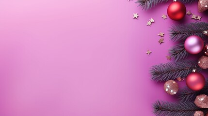  a pink background with christmas ornaments and a fir tree branch.  generative ai