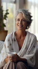 senior person sitting in sofa smile with coffee