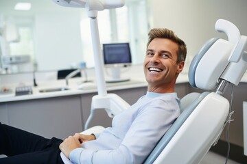 A man lies in the dental chair at the dentist. - obrazy, fototapety, plakaty