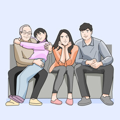 Obraz premium Family sitting together happy father, mother, daughter, grand father