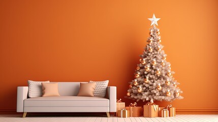  a living room with a couch and a christmas tree in the corner.  generative ai