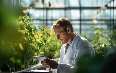 Naklejka premium An intrigued researcher analyzing plant growth in a greenhouse