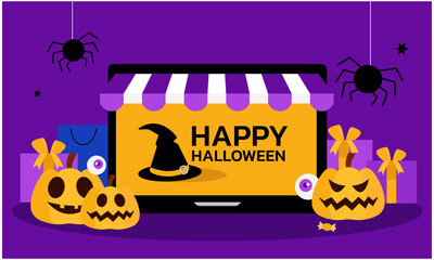 Happy Halloween Shines in Online Shopping with Cute Ghost, Tomb, and Pumpkin