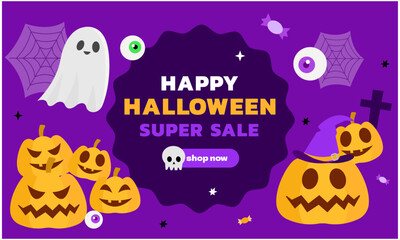 Ghostly Charm, Happy Halloween Banner Featuring Cute Ghost, Tomb, and Pumpkin