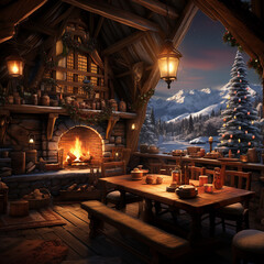 Winter Wonderland, Cozy Cabin Scene for New Year's Gathering