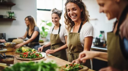Fotobehang A joyful cooking class with participants learning to create vegan dishes, vegans, vegetarians, with copy space © Катерина Євтехова
