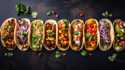 A colorful array of vegan tacos with various fillings and toppings, vegans, vegetarians, with copy space - obrazy, fototapety, plakaty