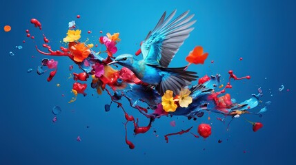  a blue bird flying over a bunch of colorful paint splatters.  generative ai - obrazy, fototapety, plakaty