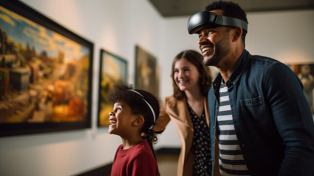 A family engaged in a virtual tour of a famous art museum, exploring masterpieces online, digital native, Gen Alpha