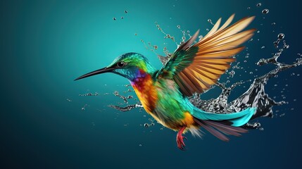  a colorful bird flying through the air with water splashing around it.  generative ai