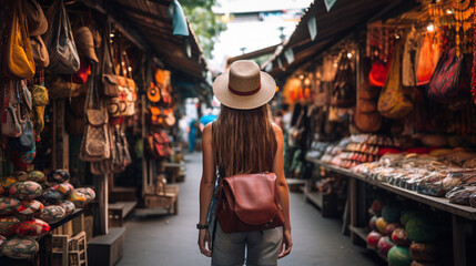 A traveler exploring a local market and supporting artisans and small businesses, Sustainable travel