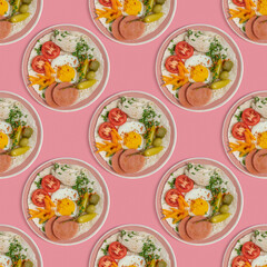Seamless pattern with breakfast plate on pink background.
