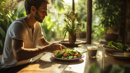A person enjoying a farm-to-table meal at an eco-friendly restaurant, Sustainable travel - obrazy, fototapety, plakaty