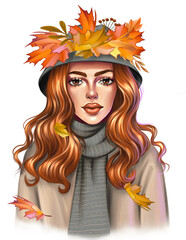 Fall girl with autumn leaves 