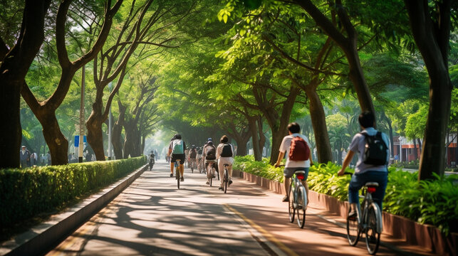 A scenic view of a bicycle path with tourists using bike-sharing services, promoting green transportation, Sustainable travel