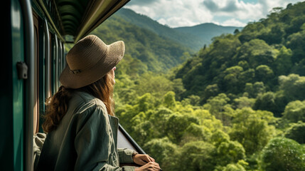A traveler enjoying a scenic train ride through environmentally sensitive areas, Sustainable travel - obrazy, fototapety, plakaty