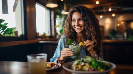 A traveler enjoying a plant-based meal at a vegan restaurant, promoting sustainable food choices, Sustainable travel - obrazy, fototapety, plakaty